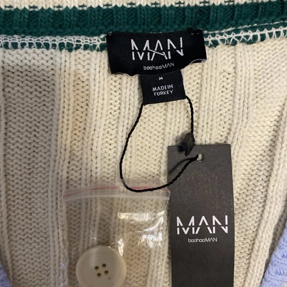 NWT BoohooMAN Boxy Cable Knit Cardigan Mens M Cream Striped Oversized 'Official' - Picture 2 of 7
